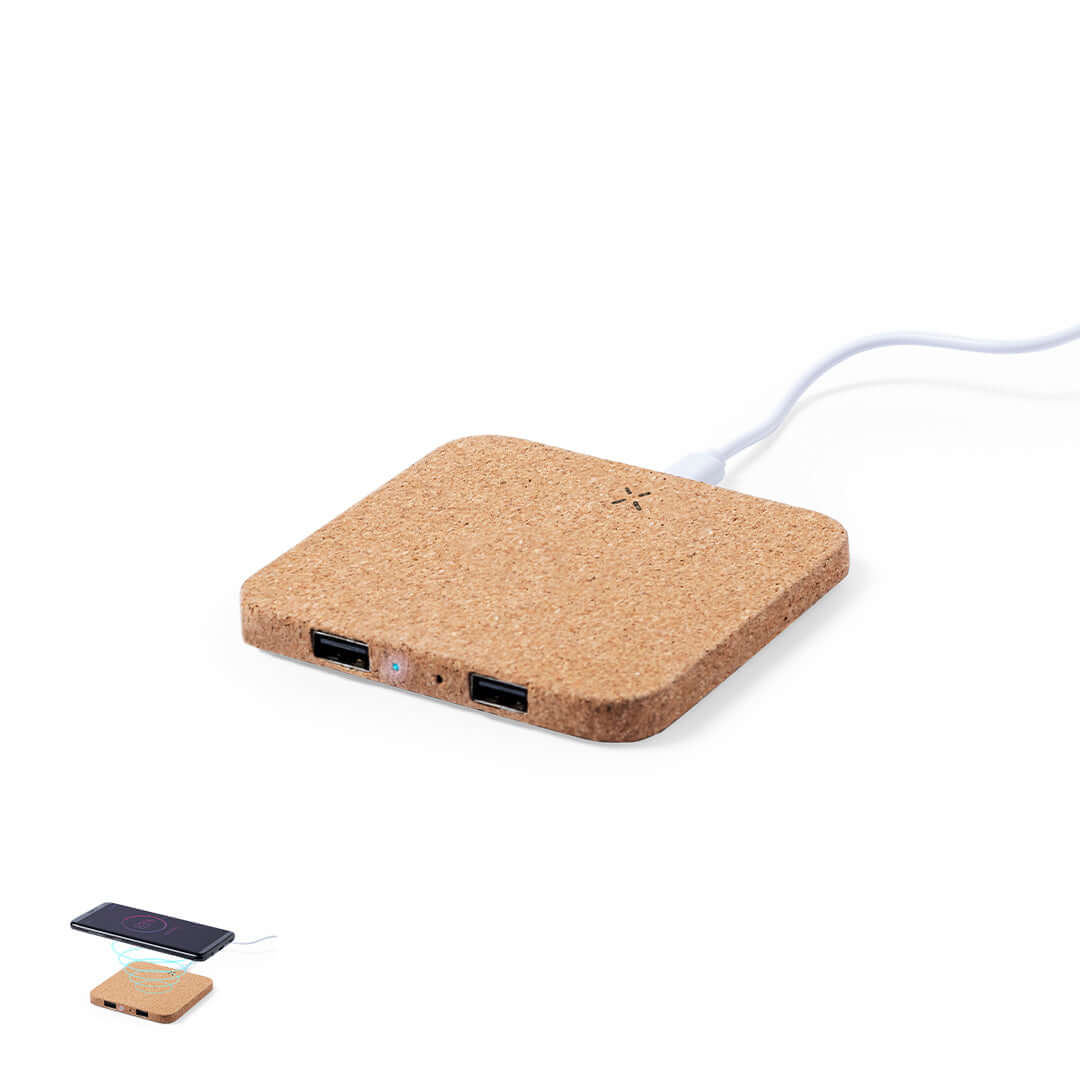 Carregador sem fios 10W em cortiça natural com duas portas USB.