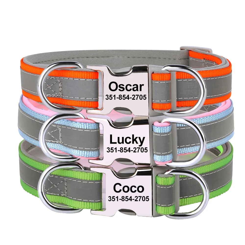 Reflective Personalized Dog Collar Engrave ID Nylon Collars Soft Padded