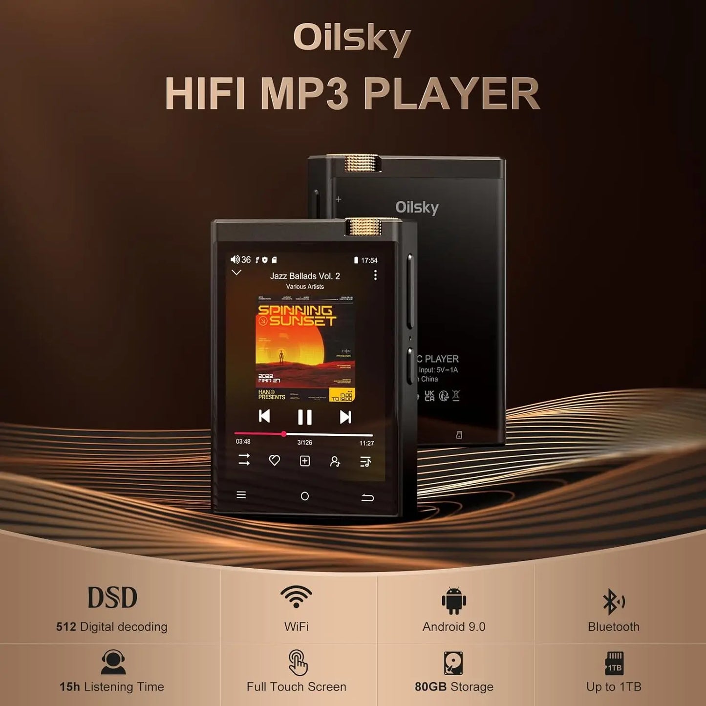 Hi-Fi MP3 Player with Bluetooth and WiFi, Oilsky Lossless DSD High-Resolution