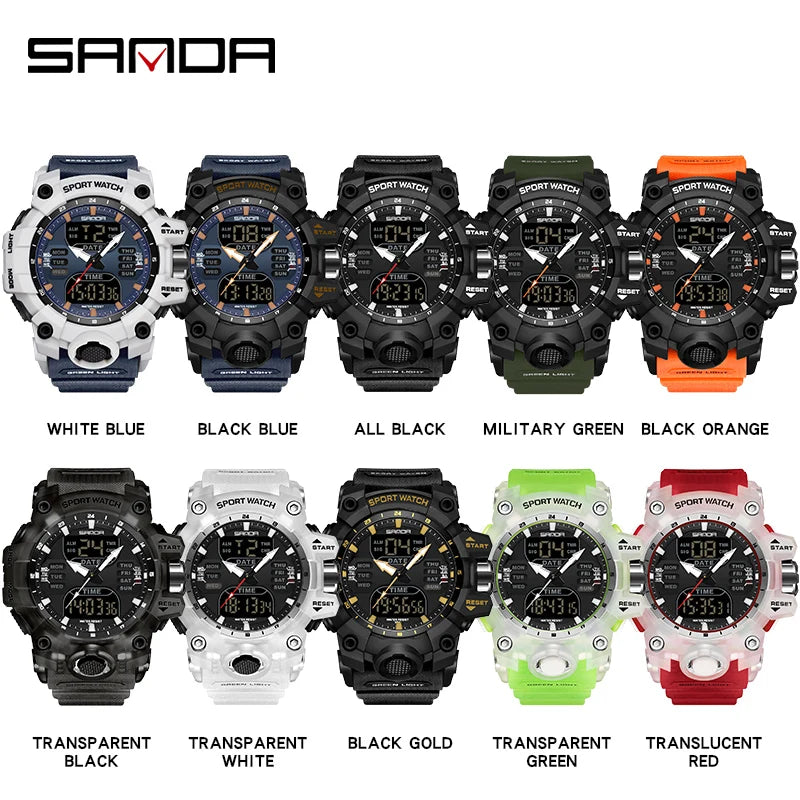 SANDA Luxury G Style Men's Electronic Watch Outdoor Sports LED Analog Digital Chronograph