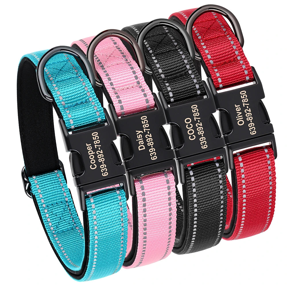 Reflective Personalized Dog Collar Engrave ID Nylon Collars Soft Padded