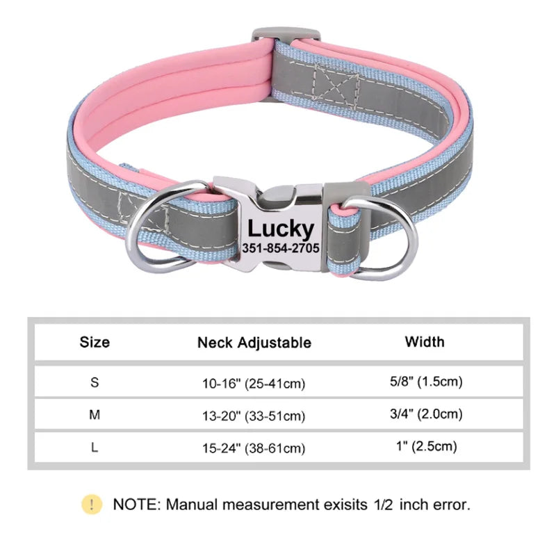 Reflective Personalized Dog Collar Engrave ID Nylon Collars Soft Padded