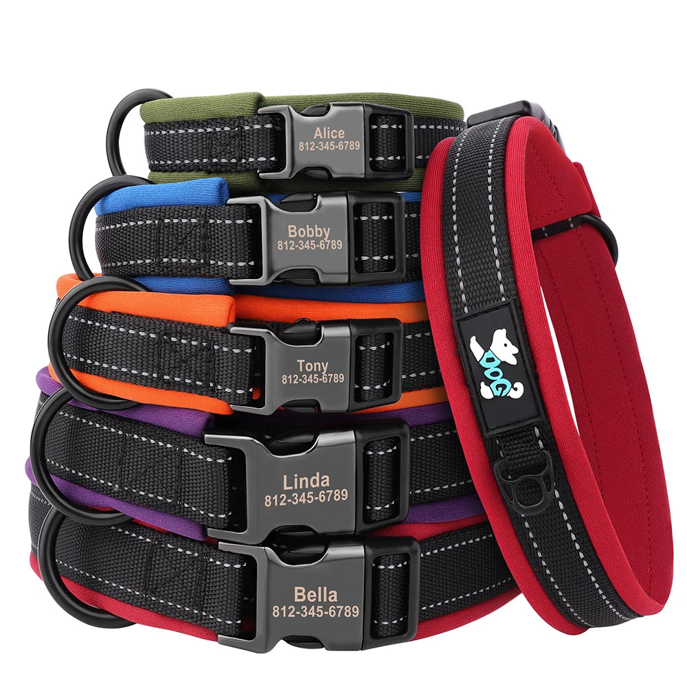 Reflective Personalized Dog Collar Engrave ID Nylon Collars Soft Padded
