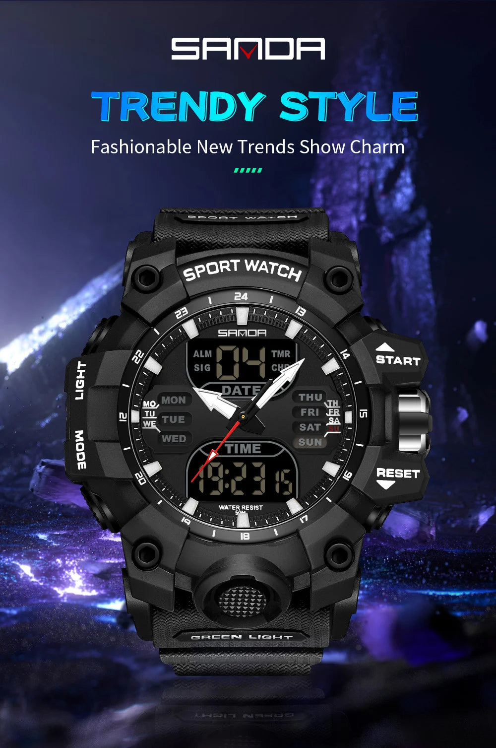 SANDA Luxury G Style Men's Electronic Watch Outdoor Sports LED Analog Digital Chronograph