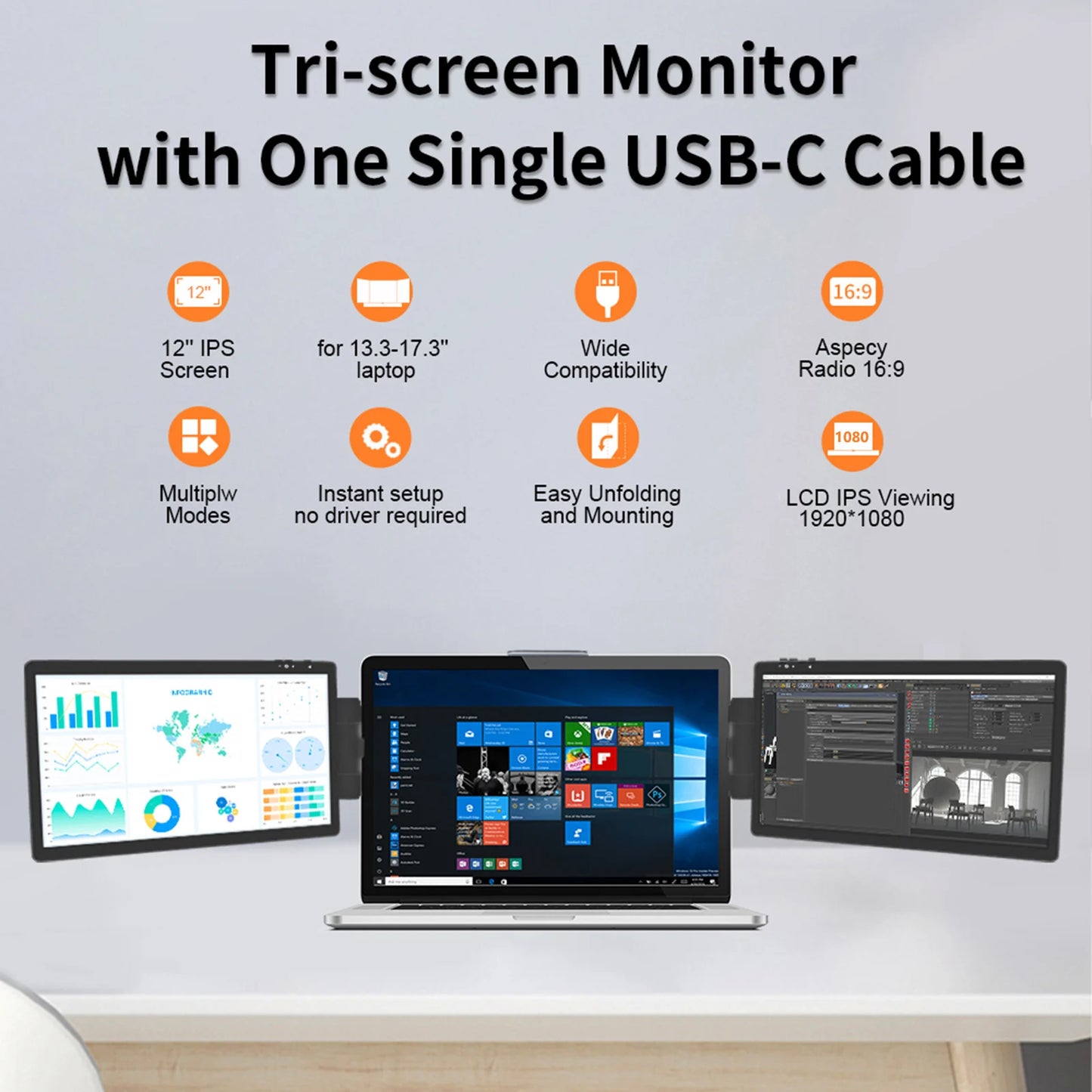 12 Inch Laptop Dual Monitor 1920*1080 HD IPS LCD Dual Monitor Screen Extender