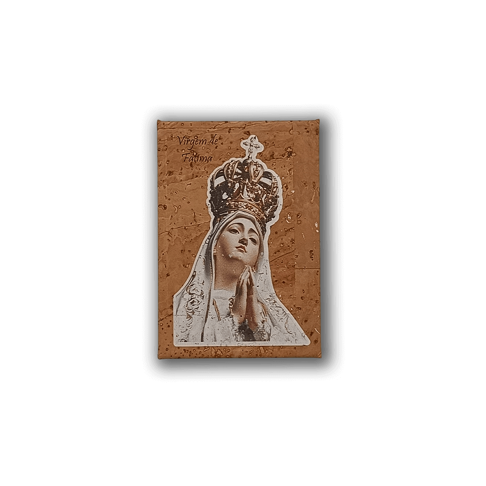 Íman de frigorífico em cortiça com imagem de Nossa Senhora de Fátima.