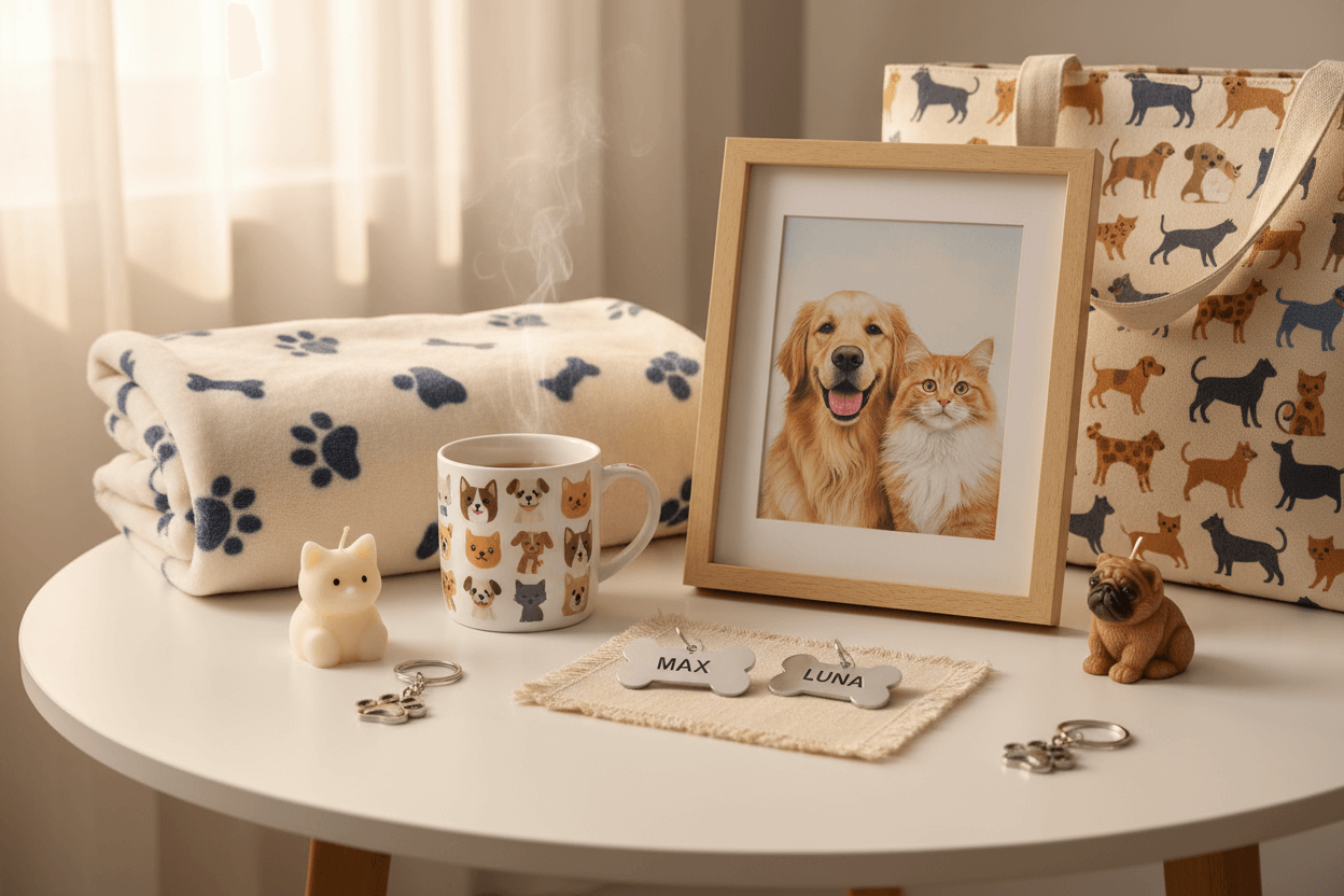 Gifts for pet lovers, still and beauty: personalized pet portrait, cozy blanket, pet-themed mug, and accessories.