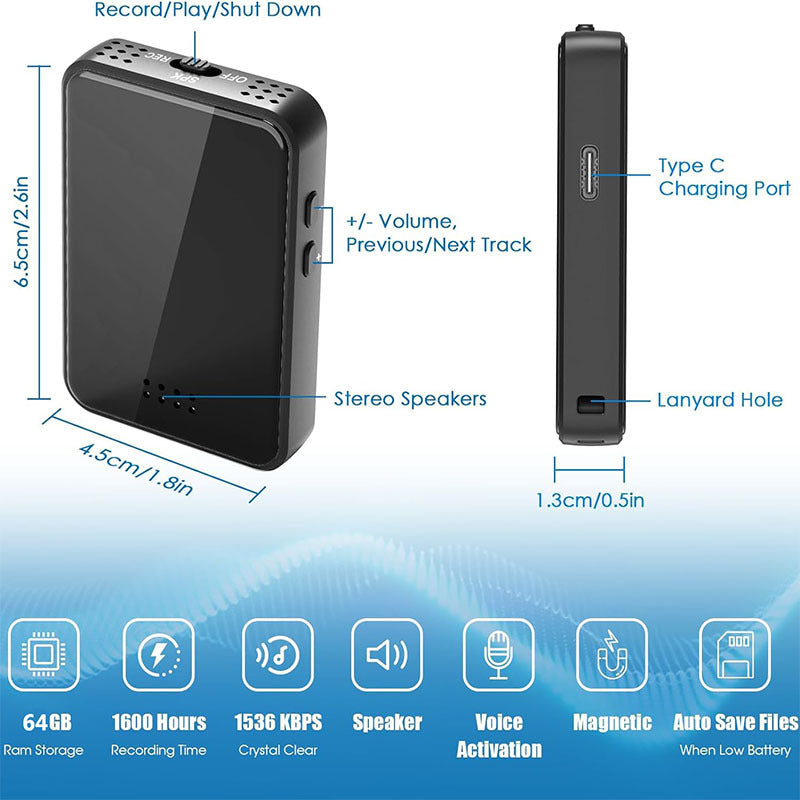 Voice Recorder, Extra-long Standby, Stereo Speaker, Built-in Magnet, Black Mirror