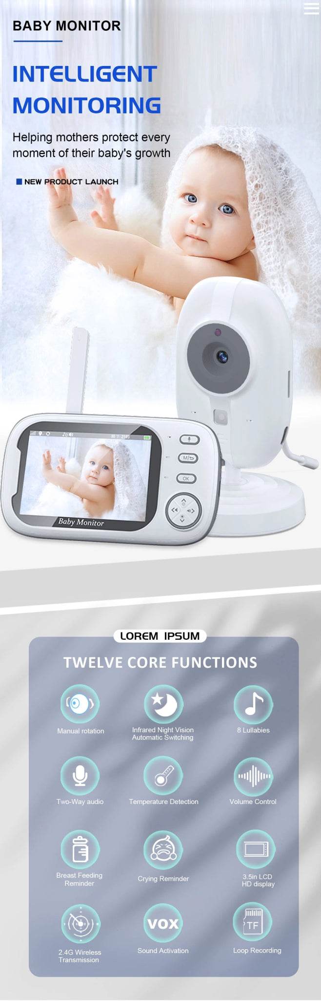 3.5 Inch Video Baby Monitor Nanny IR Night Vision Security Camera 2 Way Audio Video - Loja Manuel Coelho