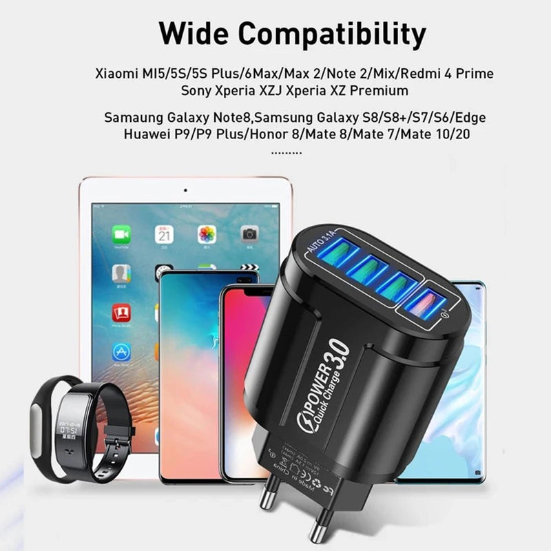 48W QC3.0 Quick Charger 4USB EU Standard Travel Portable 4 Port Fast Charging - Loja Manuel Coelho