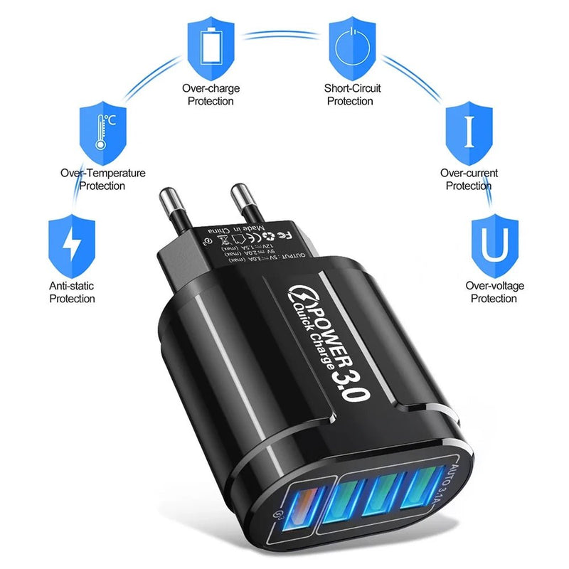 48W QC3.0 Quick Charger 4USB EU Standard Travel Portable 4 Port Fast Charging - Loja Manuel Coelho