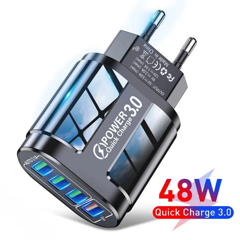 48W QC3.0 Quick Charger 4USB EU Standard Travel Portable 4 Port Fast Charging - Loja Manuel Coelho