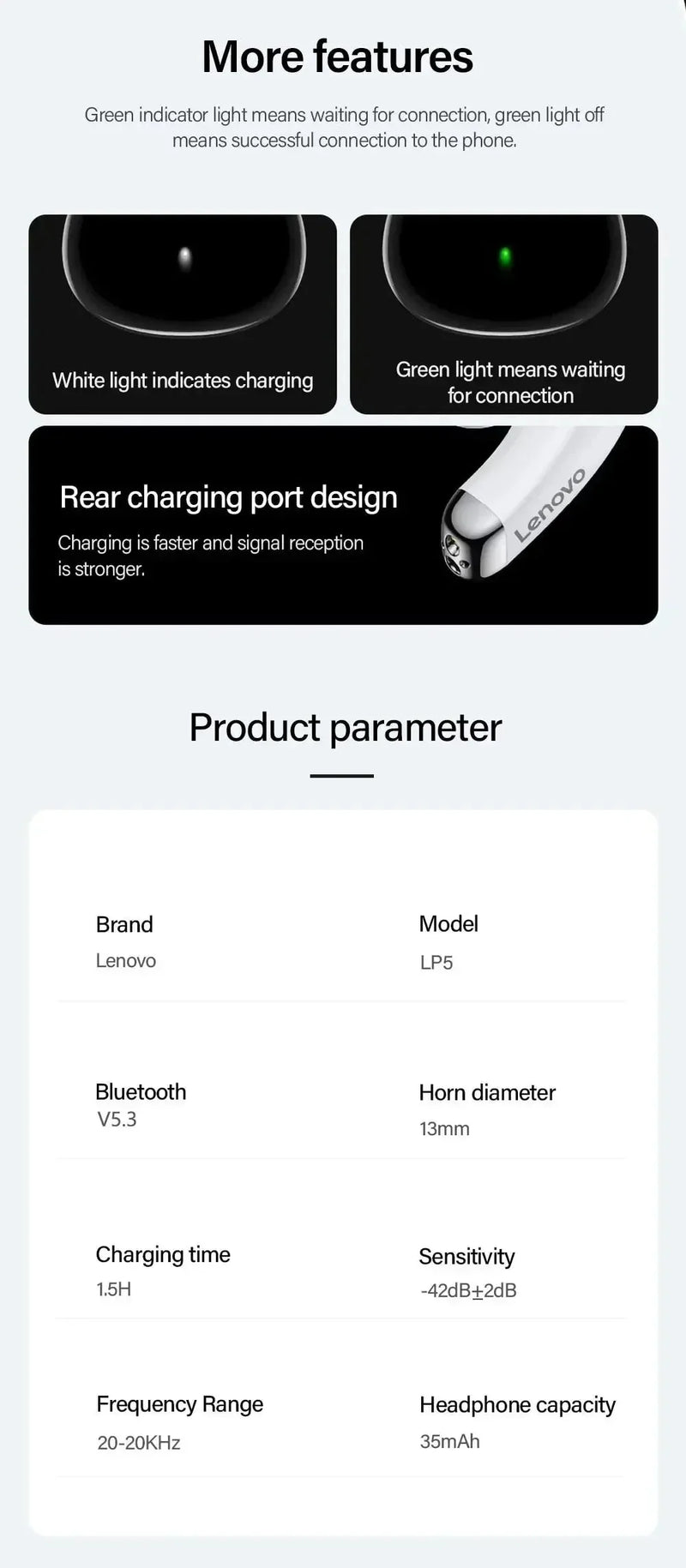 Choice Lenovo LP5 Wireless Bluetooth Earbuds HiFi Music Earphones Headphones | Loja Manuel Coelho