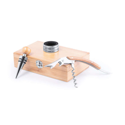Set de vinhos em madeira de bambu com saca-rolhas, anel de gotejamento e rolha.