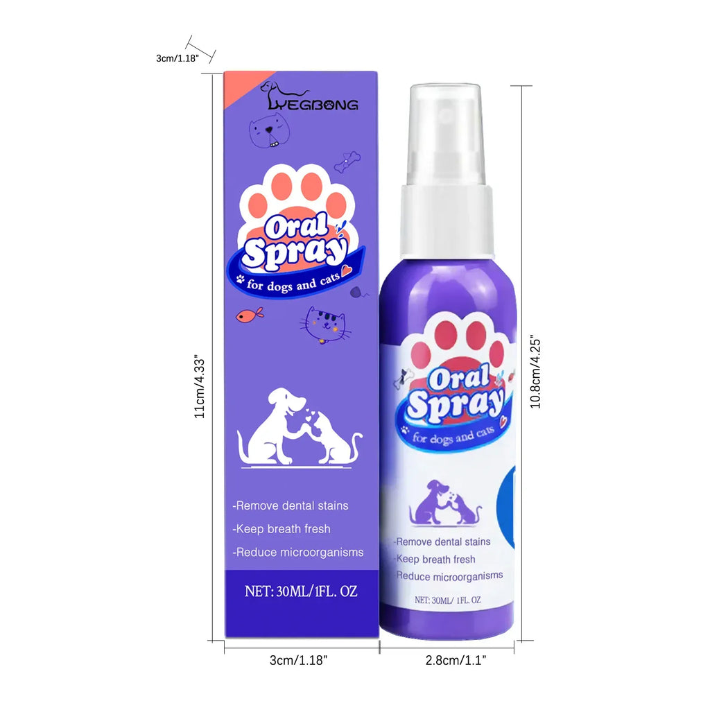 pet teeth cleaning spray Yegbong 30ml for dogs and cats, removes stains and freshens breath.
