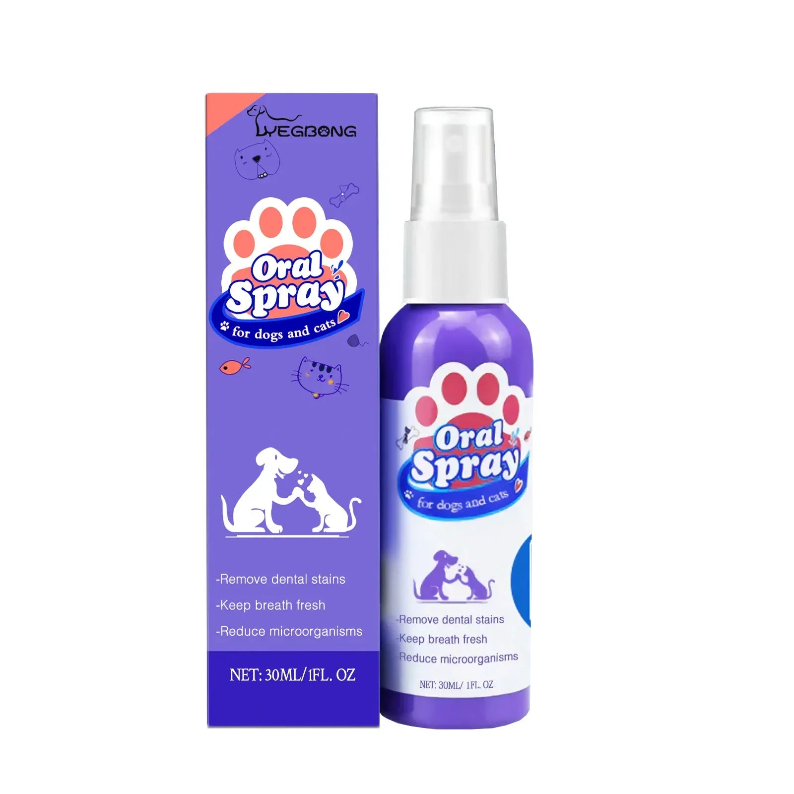 pet teeth cleaning spray Yegbong in a spray bottle with packaging for pet oral care.