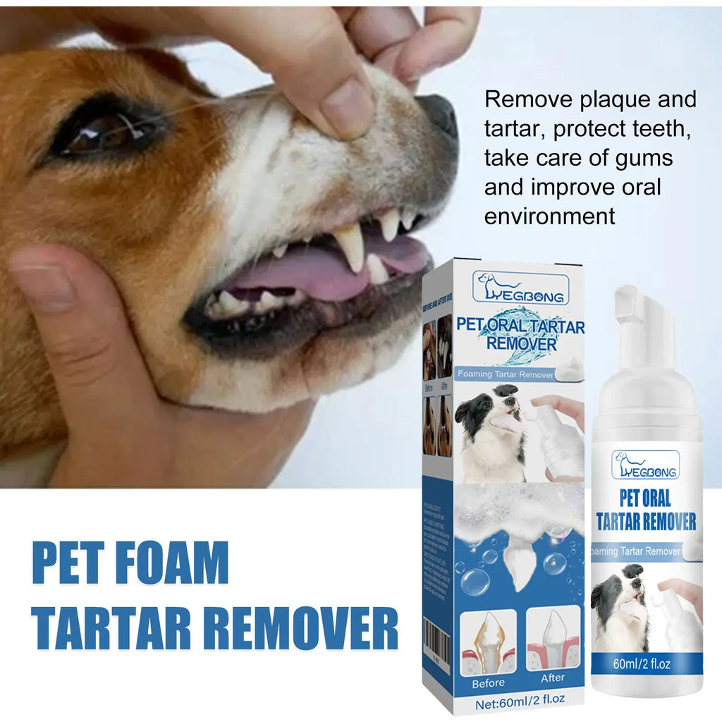 pet tartar removal foam Yebong for dogs, cleaning teeth and improving oral health with foam formula.