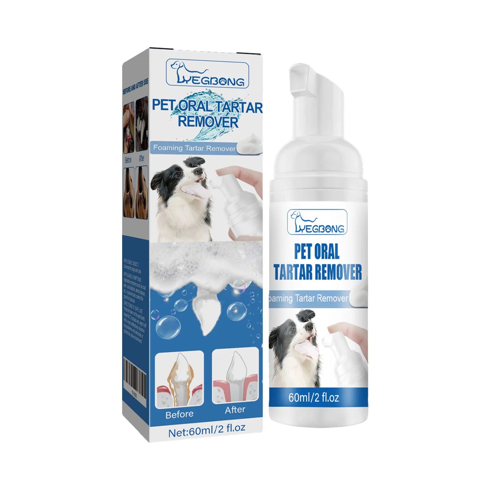 Yebong 60ml Pet Tartar Removal Foam for dogs and cats, promoting cleaner teeth and fresher breath.