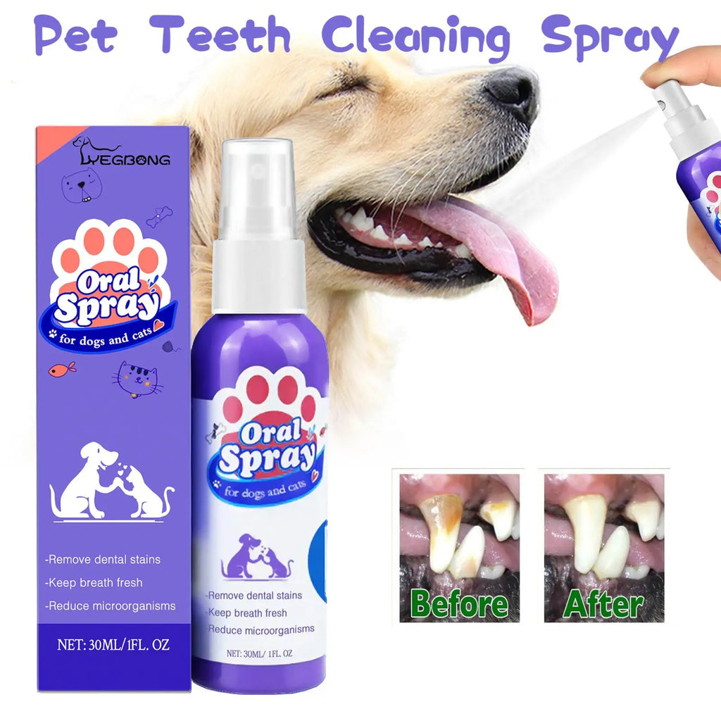 Pet teeth cleaning spray Yegbong for dogs and cats with visible results before and after use.