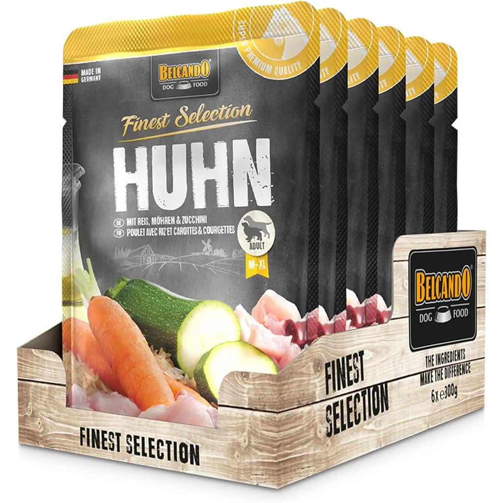 Premium wet dog food Belcando natural in pouches, showcasing high-quality ingredients for adult dogs.