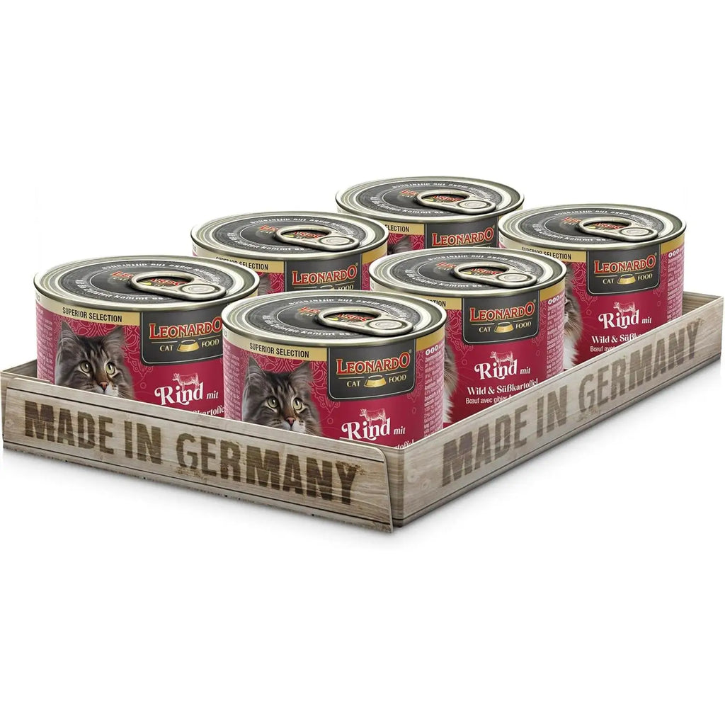 Leonardo grain-free wet food for adult cats in cans, easy to digest, made in Germany, perfect for picky eaters.
