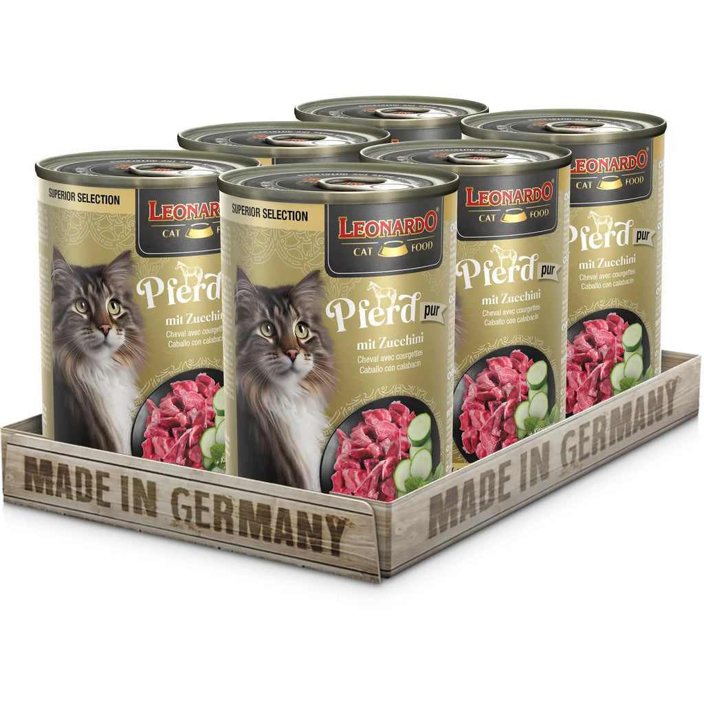 Leonardo grain-free wet food for adult cats in cans, featuring superior selection, made in Germany.