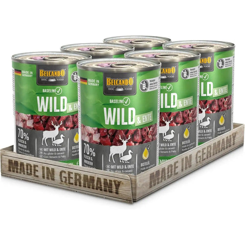 Belcando Premium Wet Dog Food Natural Grain Free With Seventy Percent Fresh Meat And Viscera in a display pack.