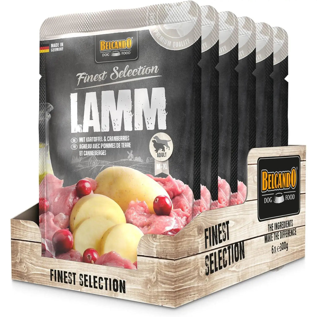 premium wet dog food Belcando natural in packaging, featuring lamb and cranberries for adult dogs.