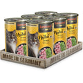 Leonardo grain-free wet food for adult cats on a display, featuring yummy chicken with spinach, made in Germany.