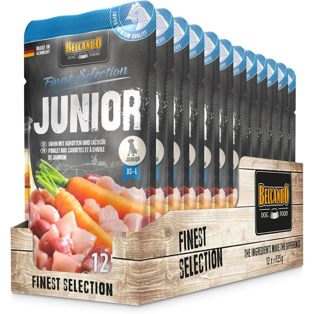 Premium wet dog food Belcando natural - finest selection, wet food for junior dogs with salmon and carrots.