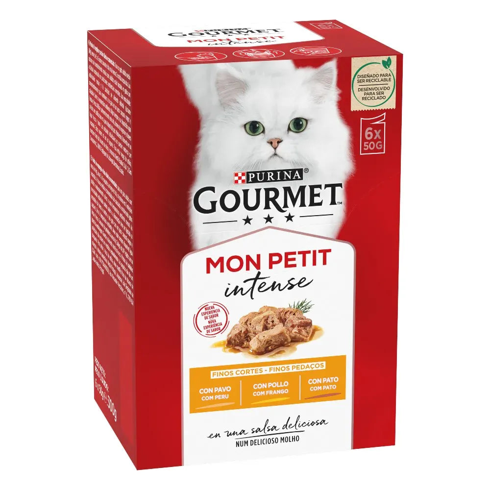 Purina gourmet cat wet food natural packaged in a red box with fine cuts of meat in sauce for cats.