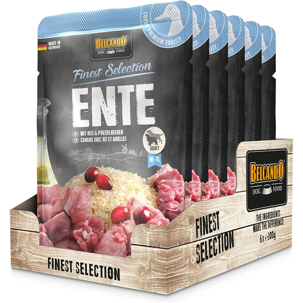 premium wet dog food Belcando natural in packaging with delicious duck ingredients, suitable for adult dogs.