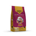 22k lamb and beef dog flavor food in a colorful bag featuring a happy dog face.