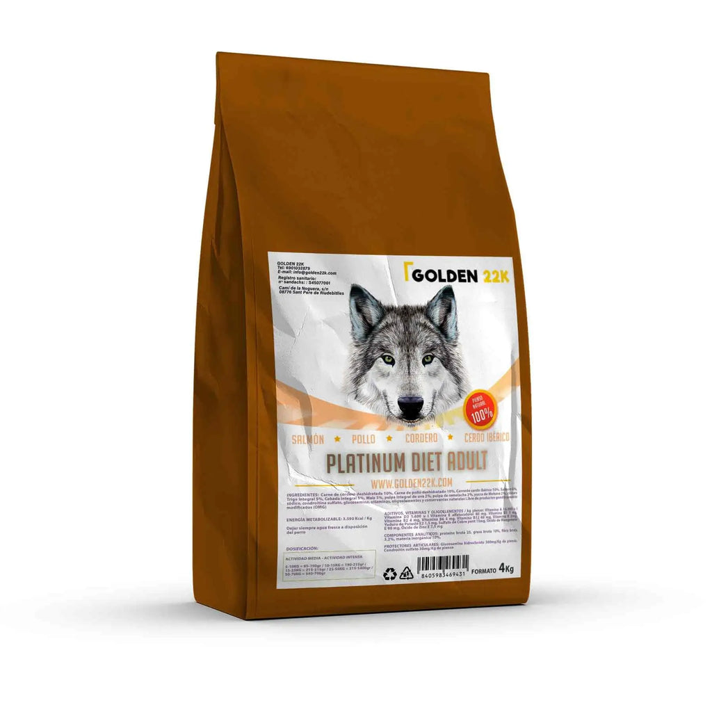 22k platinum diet food for adult dogs in a 4 kg bag featuring a wolf illustration.