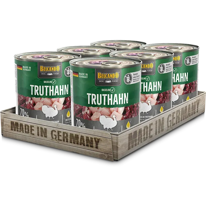 Belcando Premium Wet Dog Food Natural Grain Free With Seventy Percent Fresh Meat And Viscera cans on display.