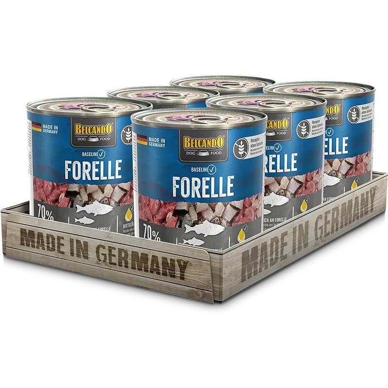 Belcando Premium Wet Dog Food Natural Grain Free With Seventy Percent Fresh Meat And Viscera - Cans on retail display.