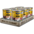 Belcando Premium Wet Dog Food Natural Grain Free With Seventy Percent Fresh Meat And Viscera cans displayed on a wooden crate.