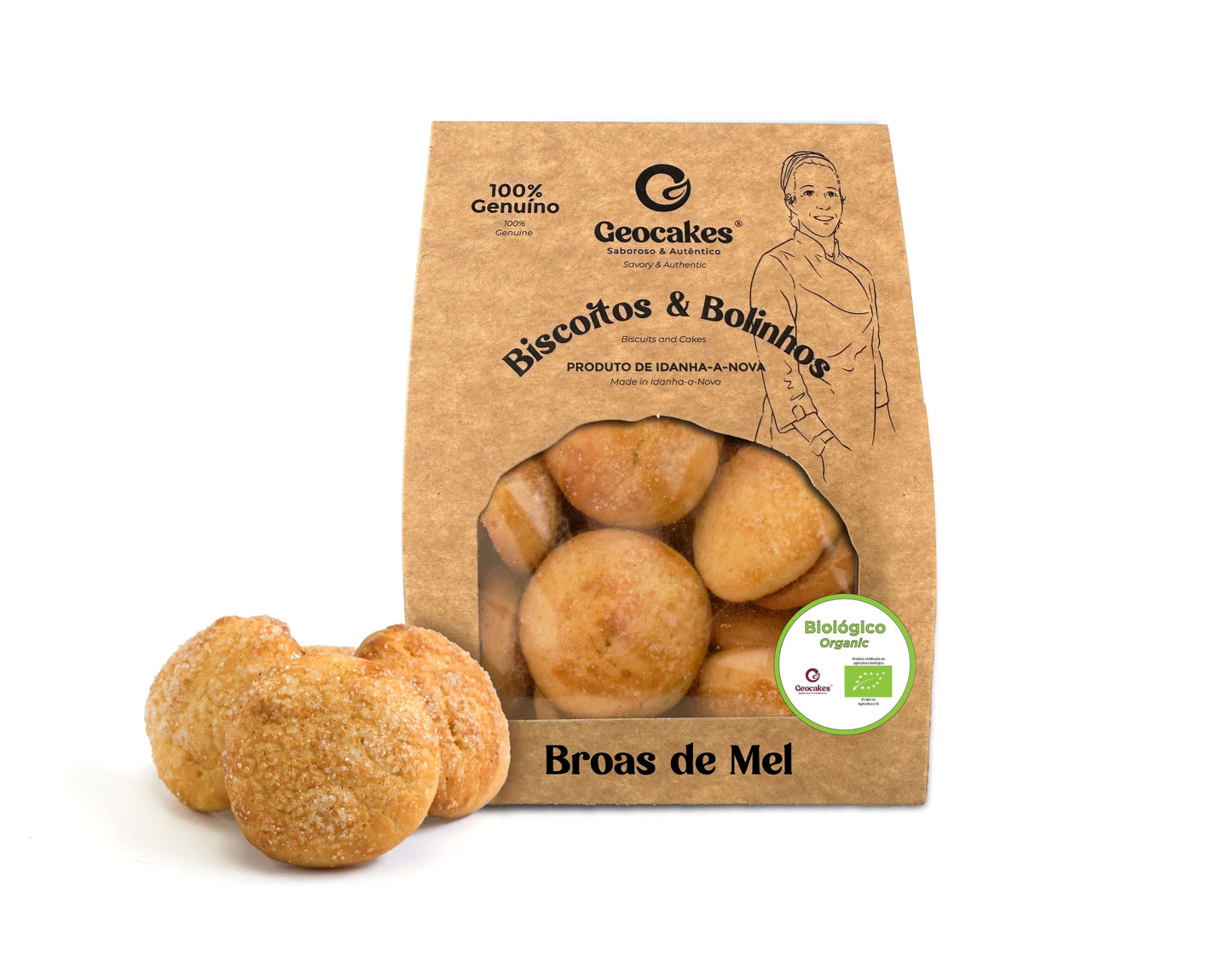 Broas de Mel Biológicas Portuguesas em embalagem de cartão com biscoitos visíveis.