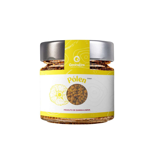 Pólen de abelha em um pote de vidro com rótulo amarelo e desenho de flor.