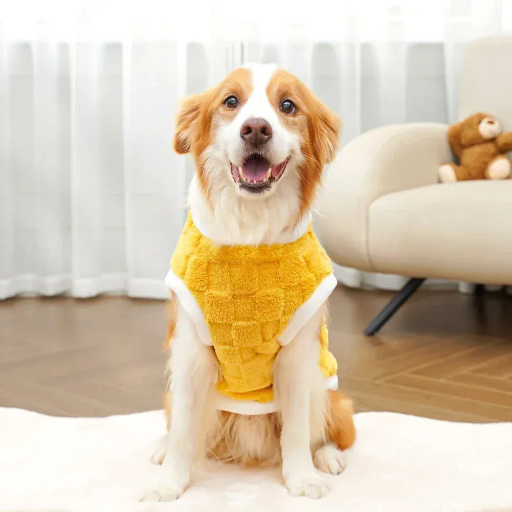 Flannel dog winter warm sweater on a golden retriever, providing cozy warmth for pets in a stylish design.