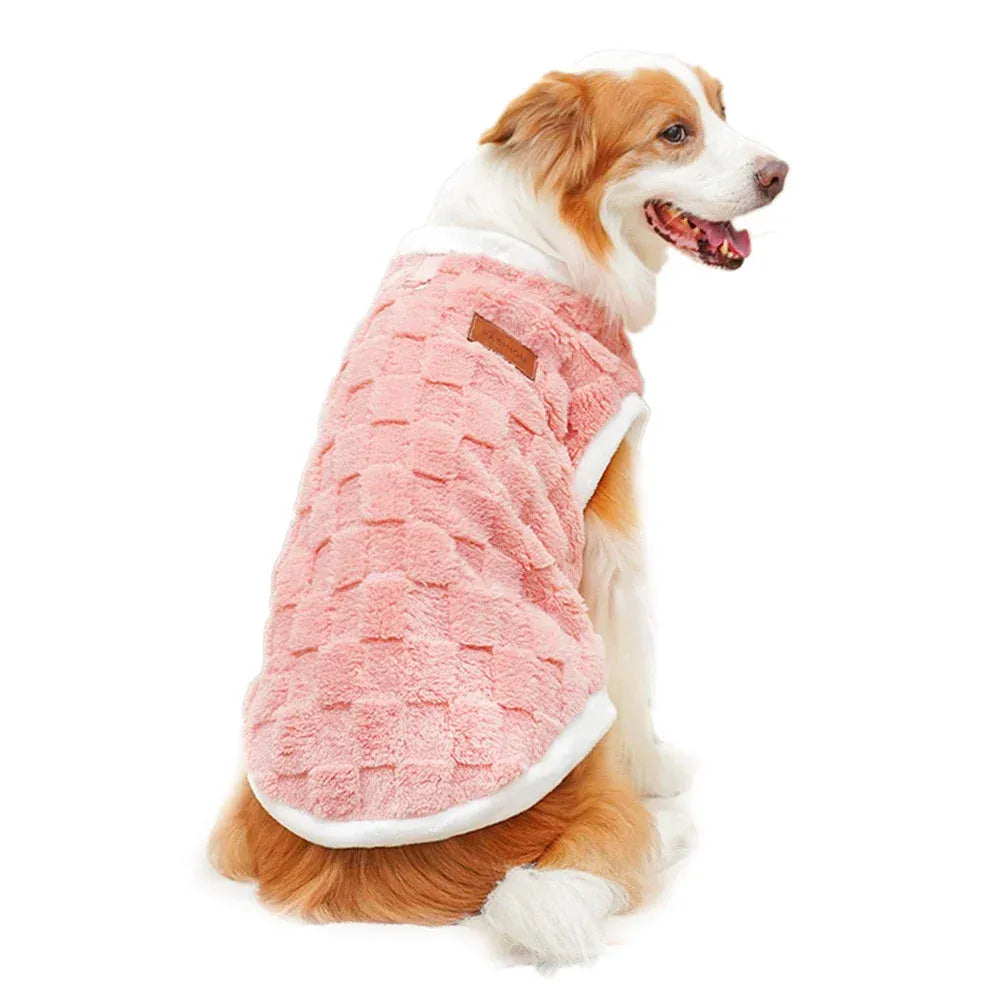 Flannel dog winter warm sweater in pink, cozy and stylish pet coat for cold weather walks.