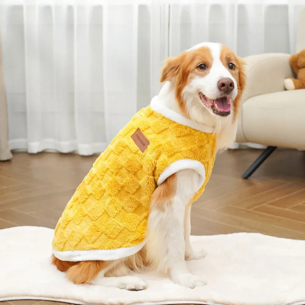 flannel dog winter warm sweater for a golden retriever in a cozy yellow coat, perfect for chilly walks.