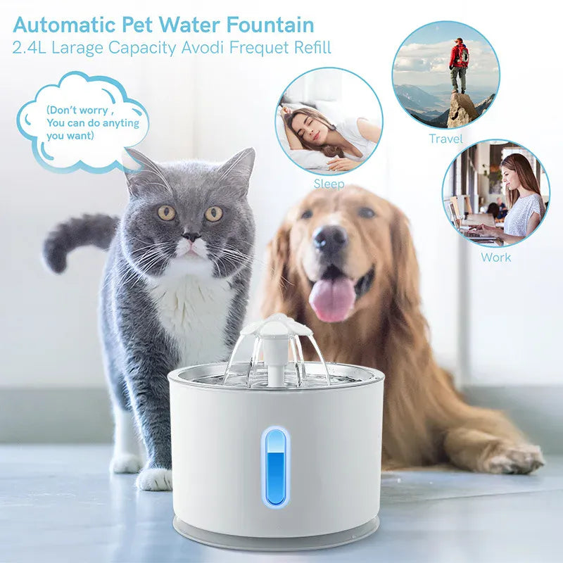 automatic pet water fountain LED with cats and dogs, showing travel, sleep, and work scenes.