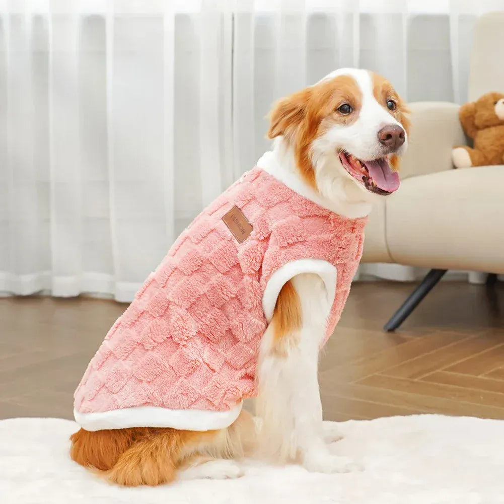 flannel dog winter warm sweater on a happy dog lounging indoors, showcasing cozy design and comfortable fit.