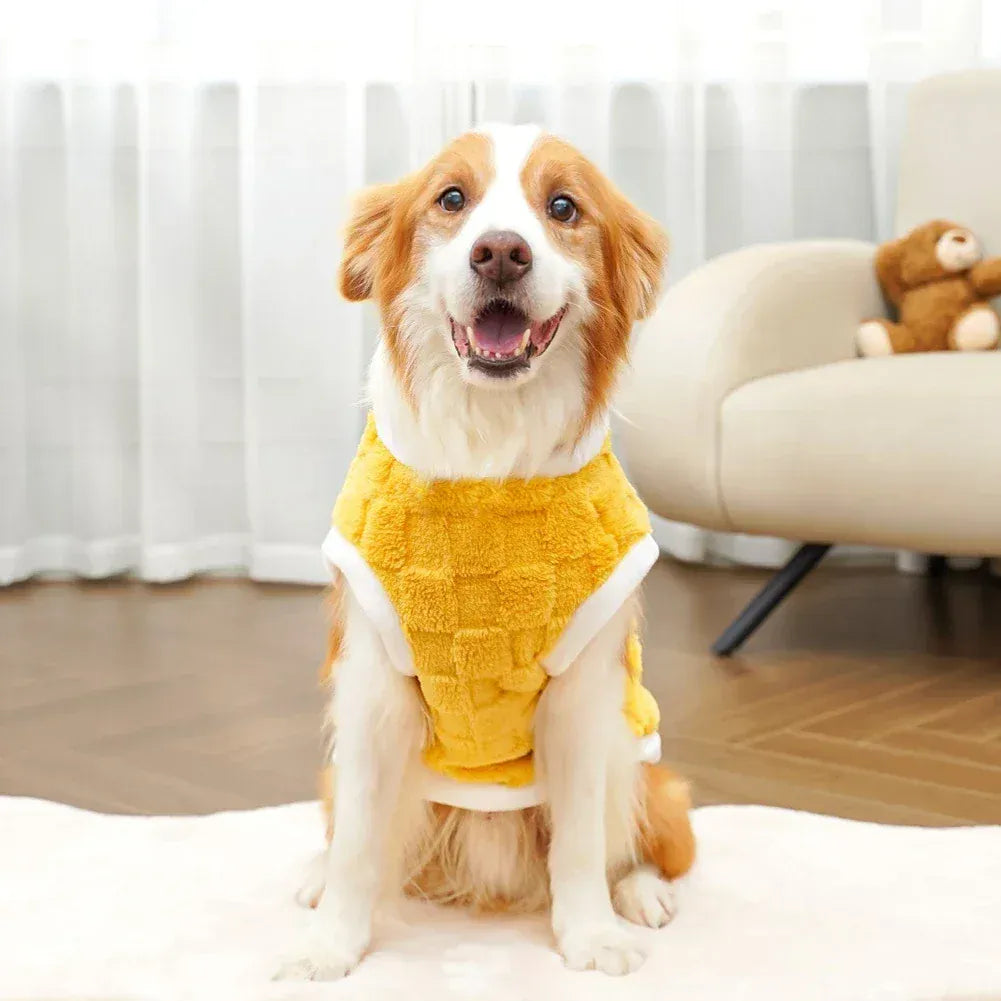 Flannel dog winter warm sweater on a happy dog sitting indoors, showcasing the cozy design.