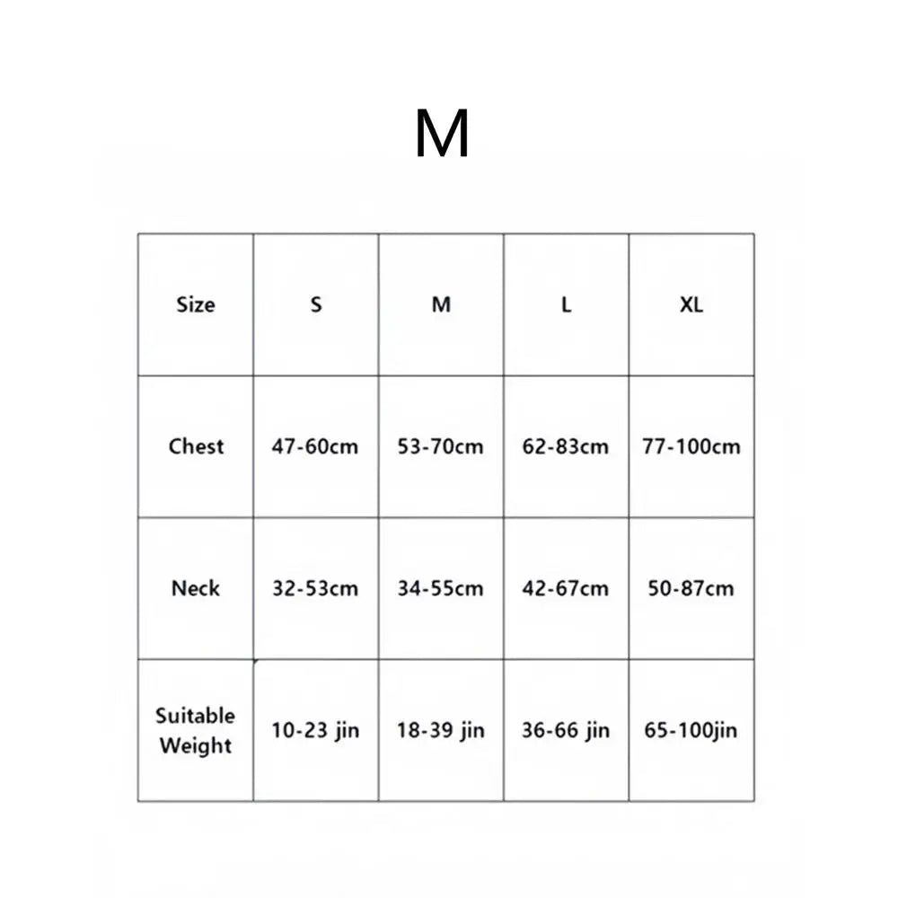 Size chart for No Pull Dog Harness Medium Fiber Training Harness Adjustable showing sizes M, L, XL and weight categories.