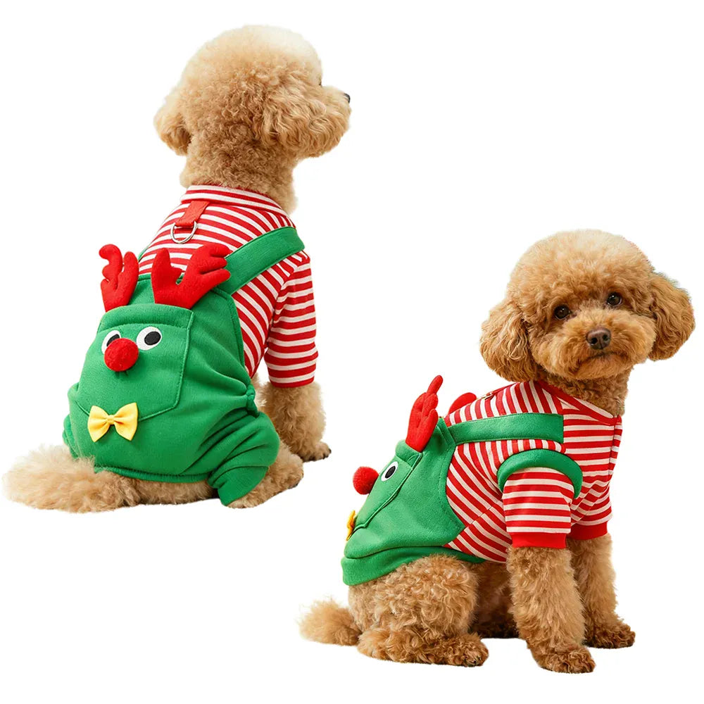 Christmas pet costume for cats featuring a festive green reindeer outfit for dogs.