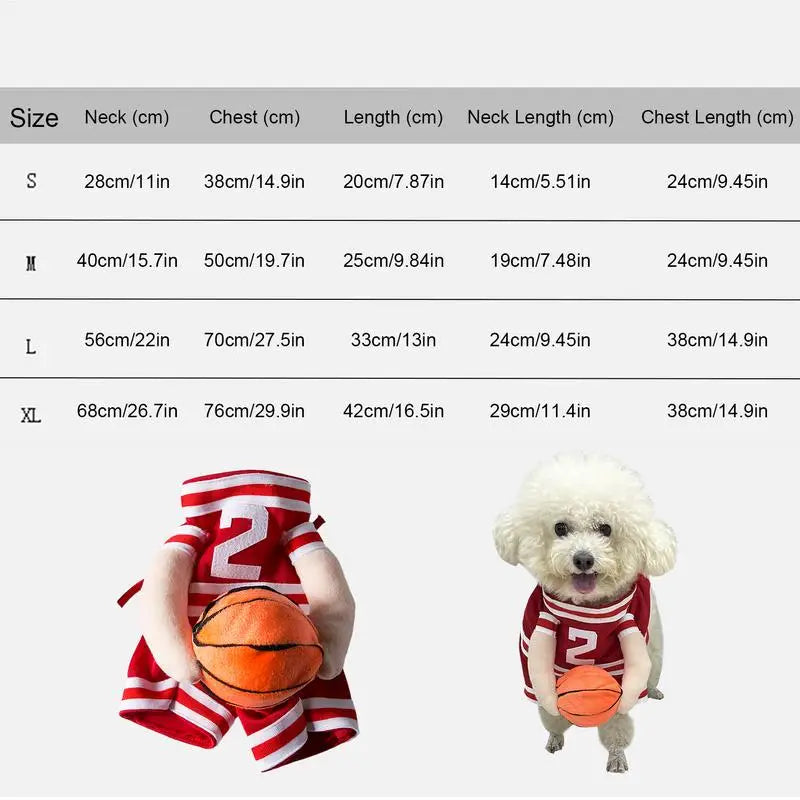 Size chart for dog baskJ costume, featuring measurements for neck, chest, and length in cm.