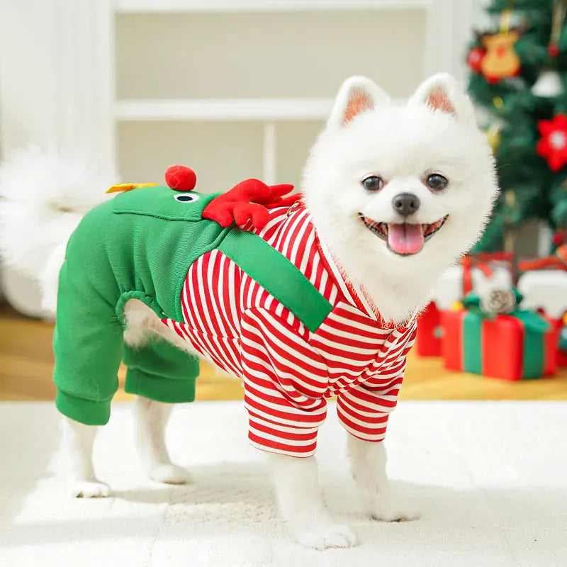 Christmas pet costume for cats featuring a cheerful dog in festive striped outfit with green accents.
