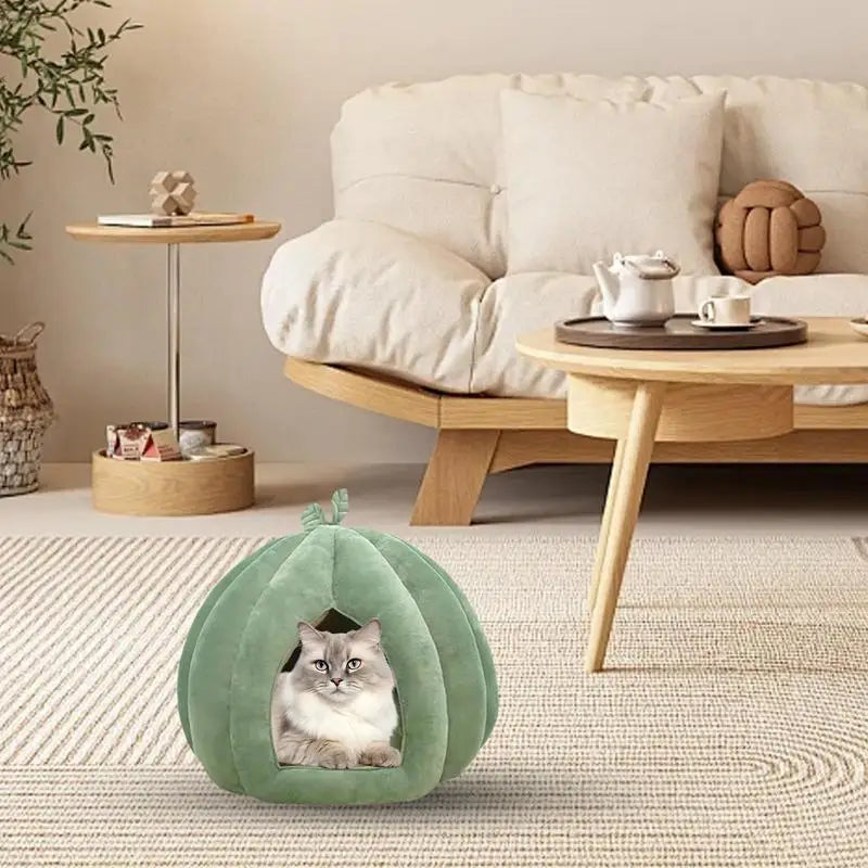 Pumpkin Shape Cat Bed - Warm Cozy Winter Pet House